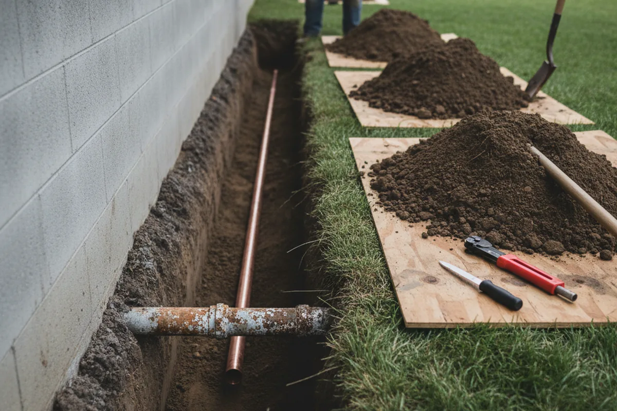 Excavated water line trench during Water Softener Installation in Crucible